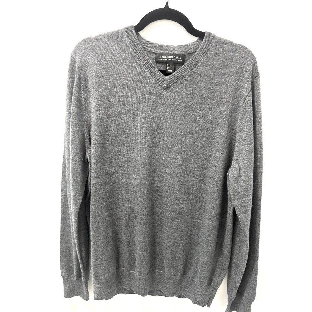 Harrison Davis Mens Grey 100% Extra Fine Merino Wool V-Neck Sweater Large